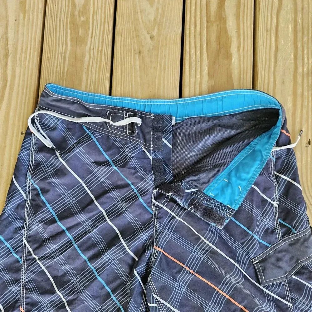 Speedo Mens's Medium Plaid Board Shorts Blue Orange Retro Surf Swim Trunks